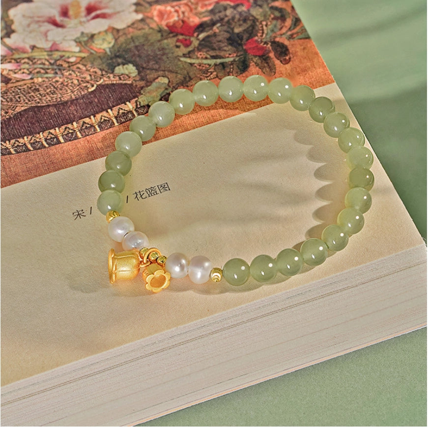 Bracelet Trésor Oriental Pureté Muguet de la Vallée Bracelet en Jade Naturel de Hetian Bracelet Perles Réglable Cadeau pour femmes