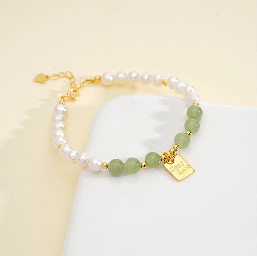 Oriental Treasure Good Luck Natural Hetian Jade Bracelet Pearl Bracelet Adjustable Silver Rope