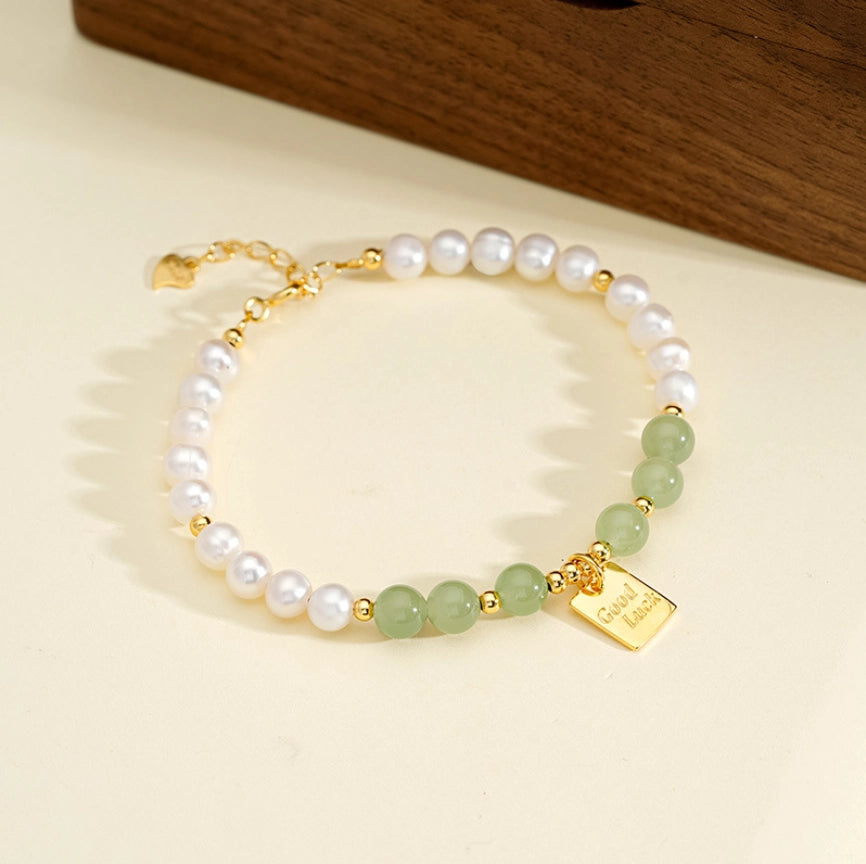 Oriental Treasure Good Luck Natural Hetian Jade Bracelet Pearl Bracelet Adjustable Silver Rope