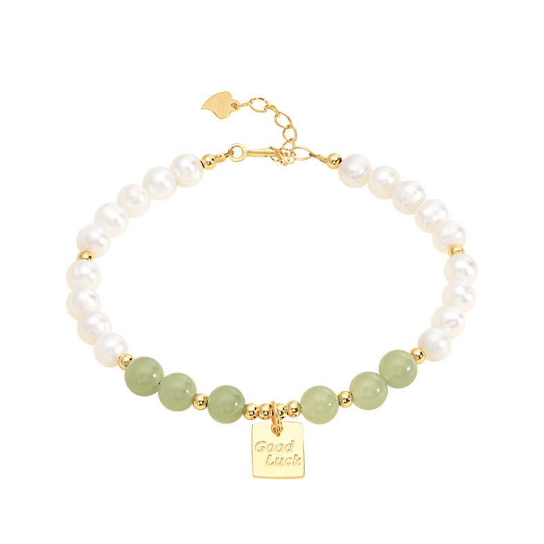 Oriental Treasure Good Luck Natural Hetian Jade Bracelet Pearl Bracelet Adjustable Silver Rope