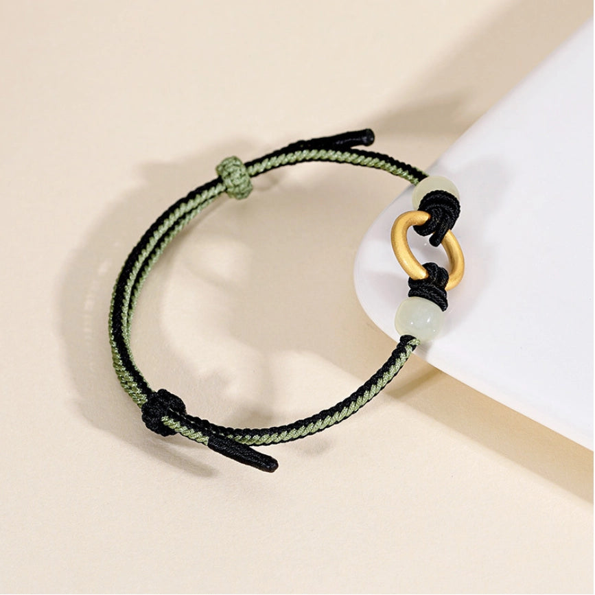 Oriental Treasure Handmade Peace Knot Bracelet Hetian Jade Bracelet 925 Sterling Silver Adjustable Woven Rope