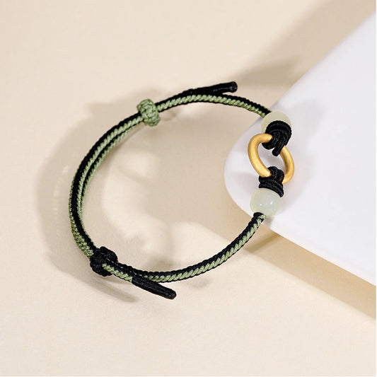 Bracelet de Nœud de Paix Artisanal Trésor Oriental en Jade de Hetian avec Corde Tissée en Argent Sterling 925 Réglable