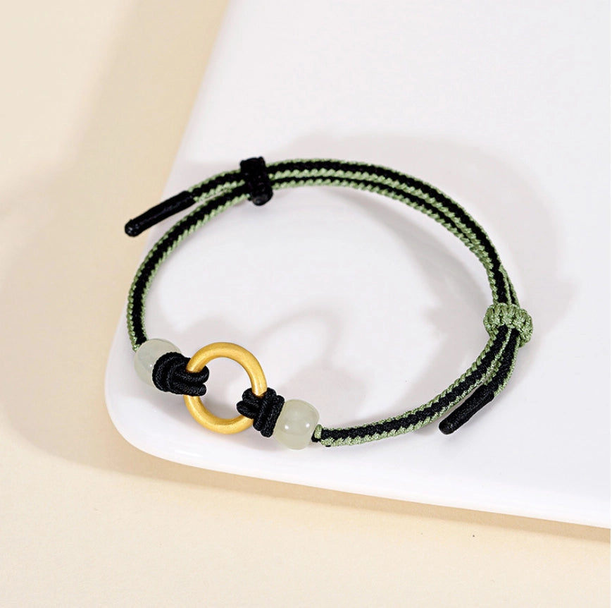 Oriental Treasure Handmade Peace Knot Bracelet Hetian Jade Bracelet 925 Sterling Silver Adjustable Woven Rope