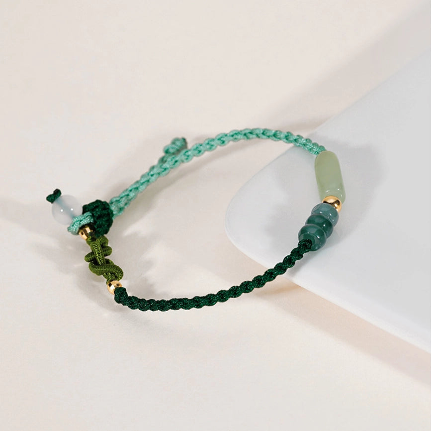 Oriental Treasure Handmade Hetian Jade Bracelet White Agate 925 Sterling Silver Adjustable Woven Rope