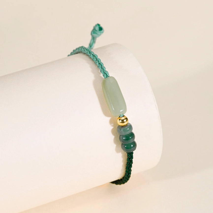 Oriental Treasure Handmade Hetian Jade Bracelet White Agate 925 Sterling Silver Adjustable Woven Rope