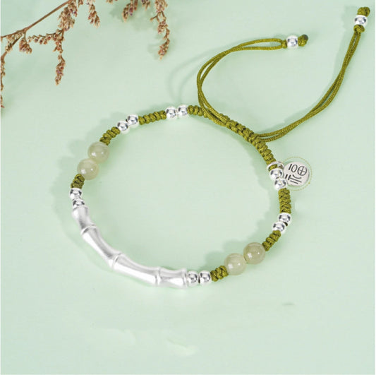 Bracelet de Bambou Trésor Oriental en Jade Naturel de Hetian avec Caractère "Fu" (福) Protection Bracelet en Argent Massif 999 Corde Tressée Réglable
