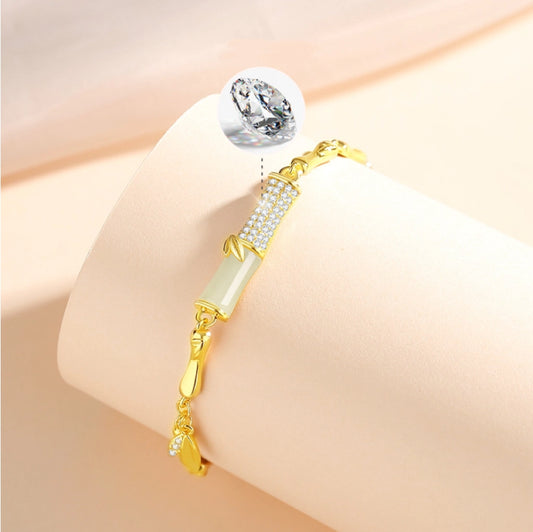Bracelet de Bambou Doré Trésor Oriental Esprit des Lettrés Jade Naturel de Hetian Protection Bracelet en Argent Sterling 999 Réglable