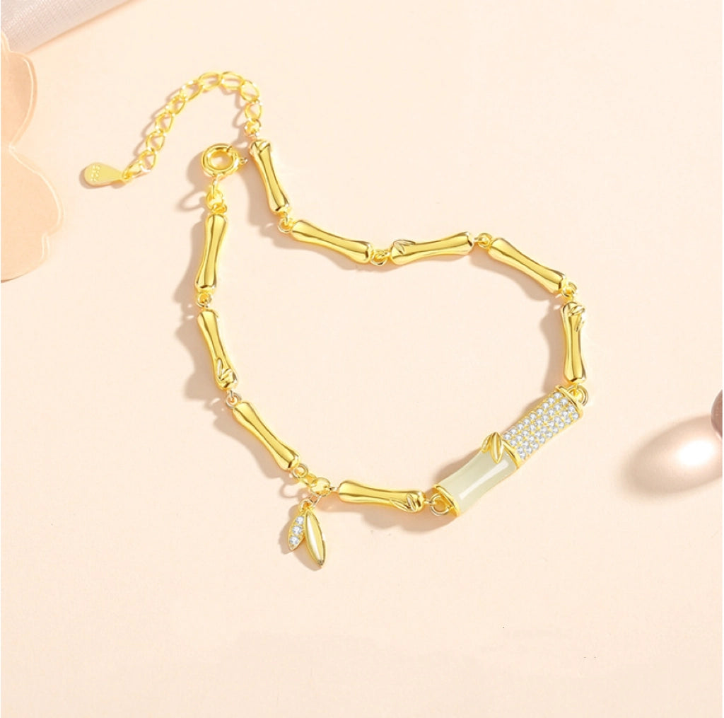 Bracelet de Bambou Doré Trésor Oriental Esprit des Lettrés Jade Naturel de Hetian Protection Bracelet en Argent Sterling 999 Réglable