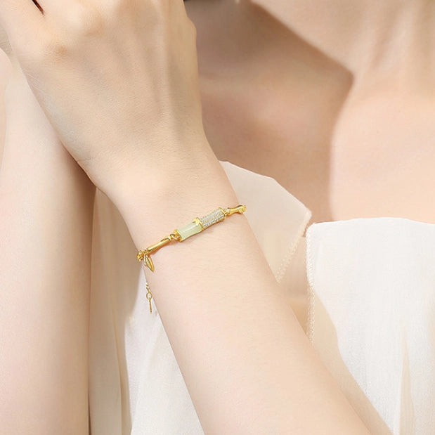 Bracelet de Bambou Doré Trésor Oriental Esprit des Lettrés Jade Naturel de Hetian Protection Bracelet en Argent Sterling 999 Réglable