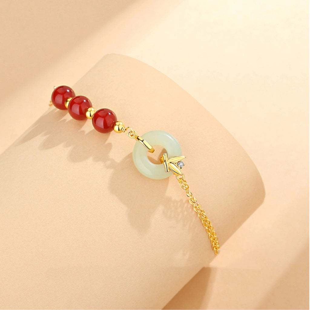 Oriental Treasure Peace Knot Agate Bracelet He Tian Jade Bracelet Bamboo Character "Fu" (福)Golden Rope Adjustable 925 Sterling Silver