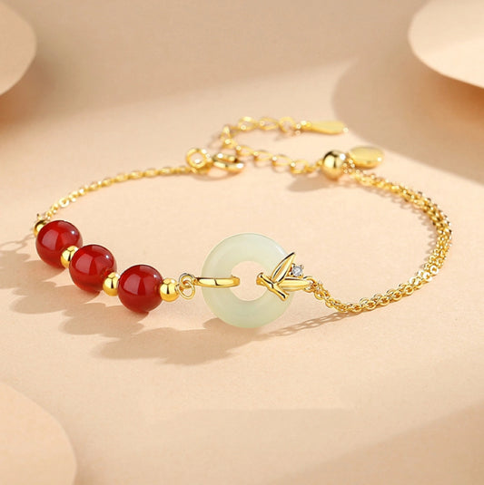 Bracelet d'Agate Nœud de Paix Trésor Oriental He Tian Jade Bracelet Caractère Bambou "Fu" (福)Corde Dorée Réglable Argent Sterling 925