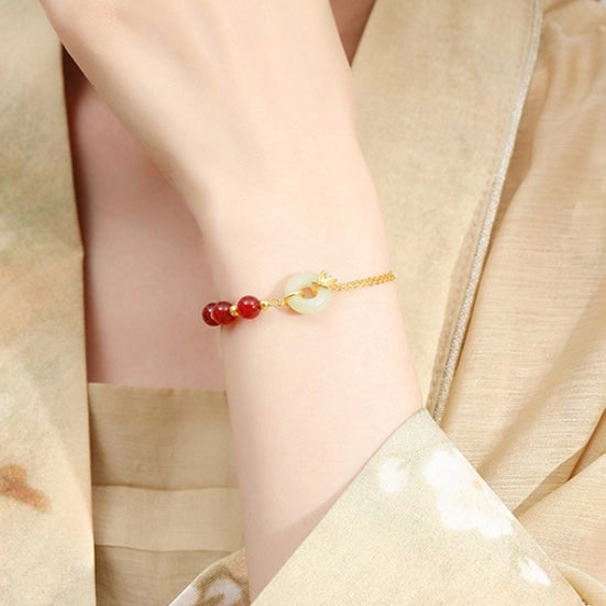 Oriental Treasure Peace Knot Agate Bracelet He Tian Jade Bracelet Bamboo Character "Fu" (福)Golden Rope Adjustable 925 Sterling Silver