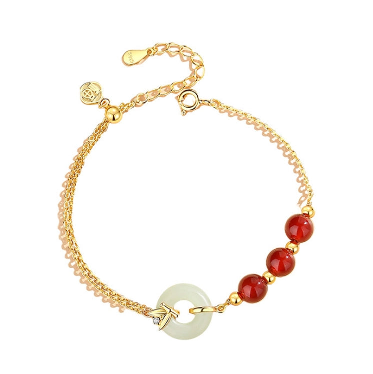 Oriental Treasure Peace Knot Agate Bracelet He Tian Jade Bracelet Bamboo Character "Fu" (福)Golden Rope Adjustable 925 Sterling Silver