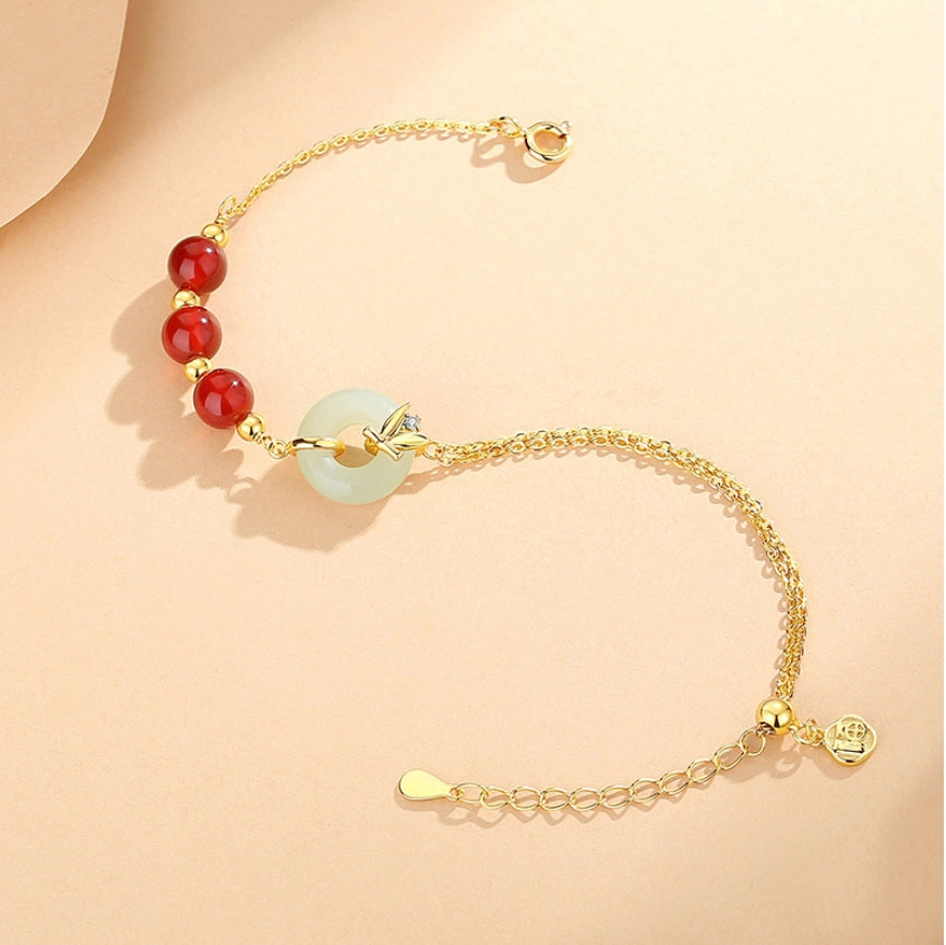 Oriental Treasure Peace Knot Agate Bracelet He Tian Jade Bracelet Bamboo Character "Fu" (福)Golden Rope Adjustable 925 Sterling Silver