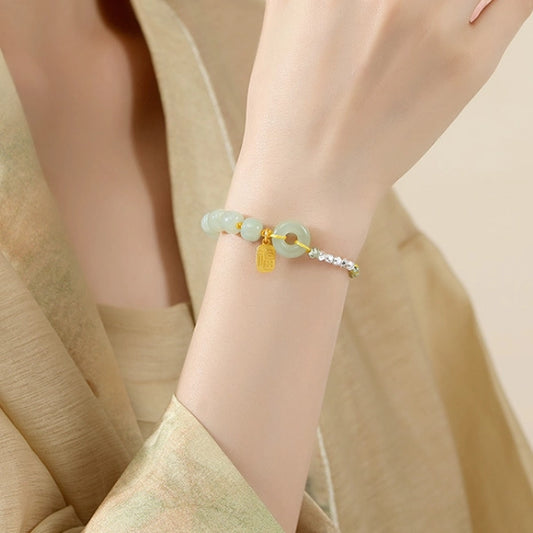 Bracelet de caractère oriental "Fu" (福) Bracelet nœud de paix Bracelet bonheur chance Bracelet en jade naturel de Hetian Bracelet protection Argent sterling 925 Bracelet en corde tressée ajustable