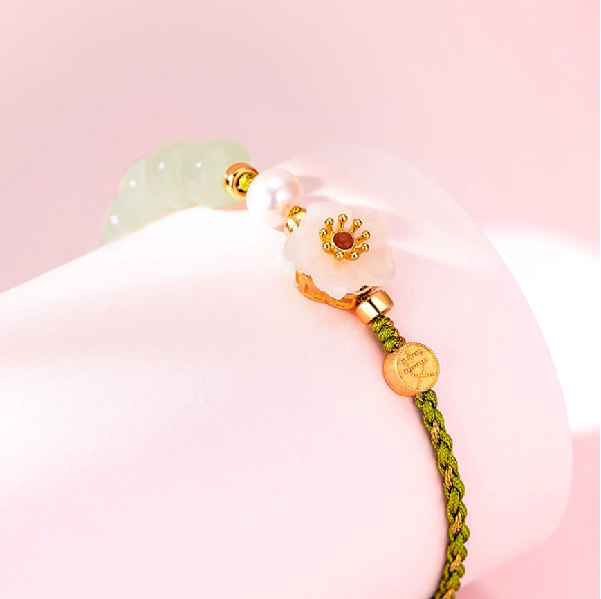 Oriental Treasure Peach Blossom Bracelet He Tian Jade Bracelet Pearl Love Bracelet 925 Sterling Silver Adjustable Woven Rope Gift for her