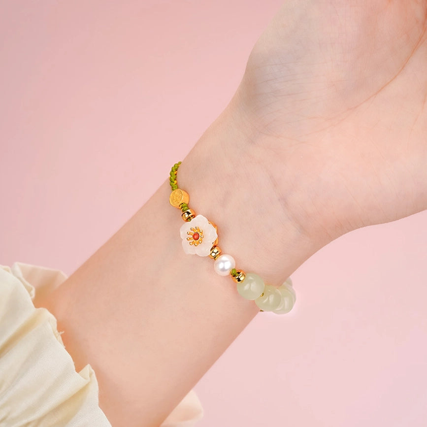Oriental Treasure Peach Blossom Bracelet He Tian Jade Bracelet Pearl Love Bracelet 925 Sterling Silver Adjustable Woven Rope Gift for her
