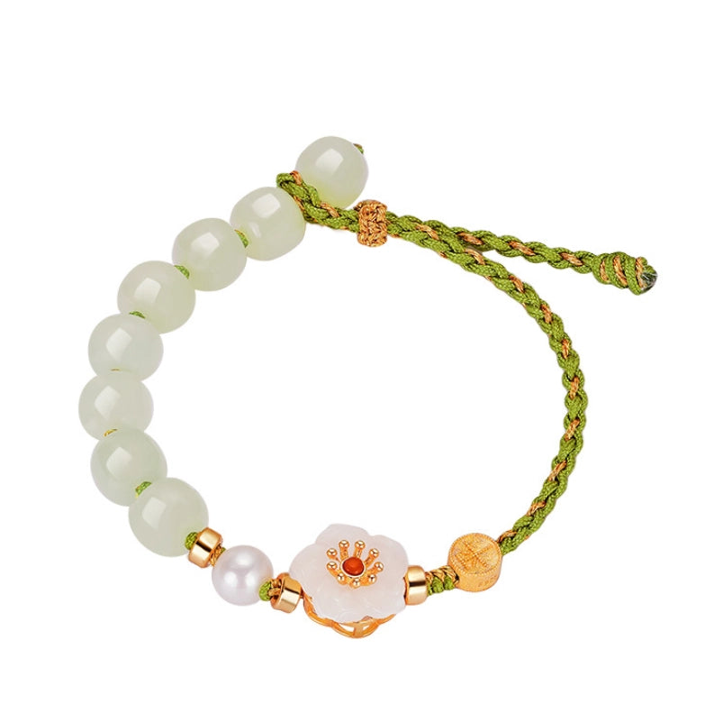 Oriental Treasure Peach Blossom Bracelet He Tian Jade Bracelet Pearl Love Bracelet 925 Sterling Silver Adjustable Woven Rope Gift for her
