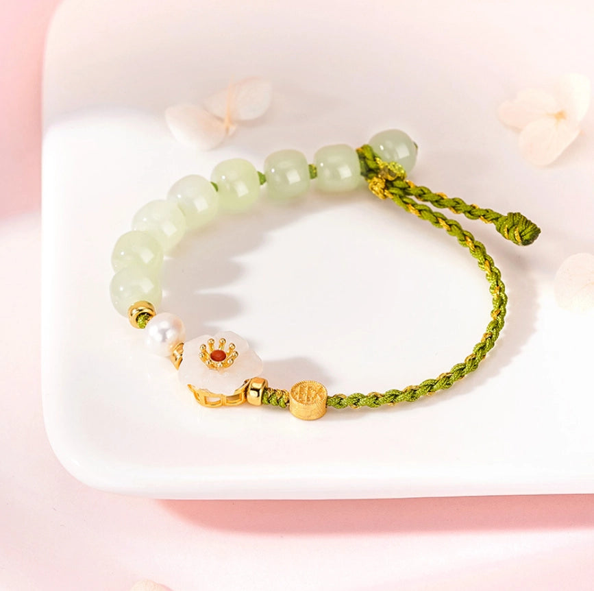 Oriental Treasure Peach Blossom Bracelet He Tian Jade Bracelet Pearl Love Bracelet 925 Sterling Silver Adjustable Woven Rope Gift for her