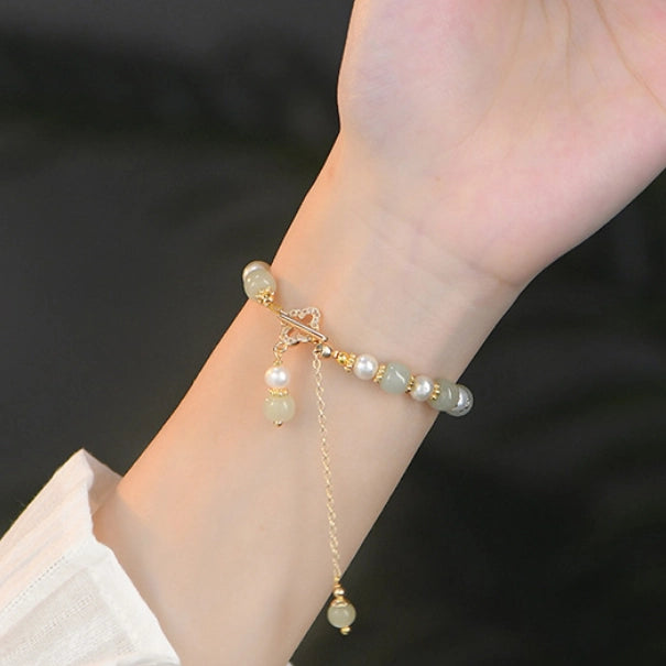 Oriental Treasure Luck Four-Leaf Clover Bracelet Pearl Bracelet Natural Hetian Jade Bracelet Adjustable