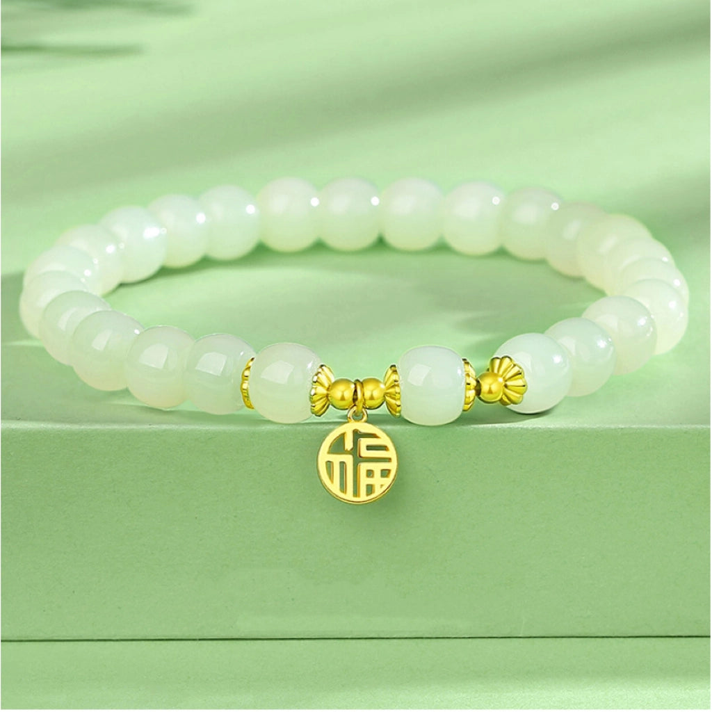 Oriental Treasure Character "Fu" (福) Armband Glück Naturliches Hetian - Jade 8mm Perlenarmband Segenswunsch 925 - Silberarmband verstellbar
