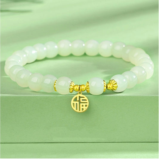 Bracelet de caractère "Fu" (福) Trésor Oriental Bonheur Jade Naturel de Hetian 8mm Perles Bracelet Bénédiction Bracelet en Argent Sterling 925 Réglable