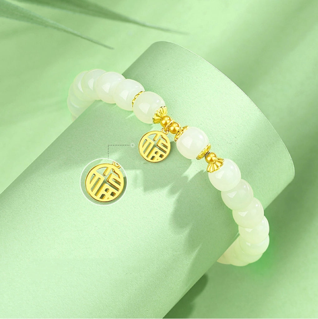 Oriental Treasure Character "Fu" (福) Armband Glück Naturliches Hetian - Jade 8mm Perlenarmband Segenswunsch 925 - Silberarmband verstellbar