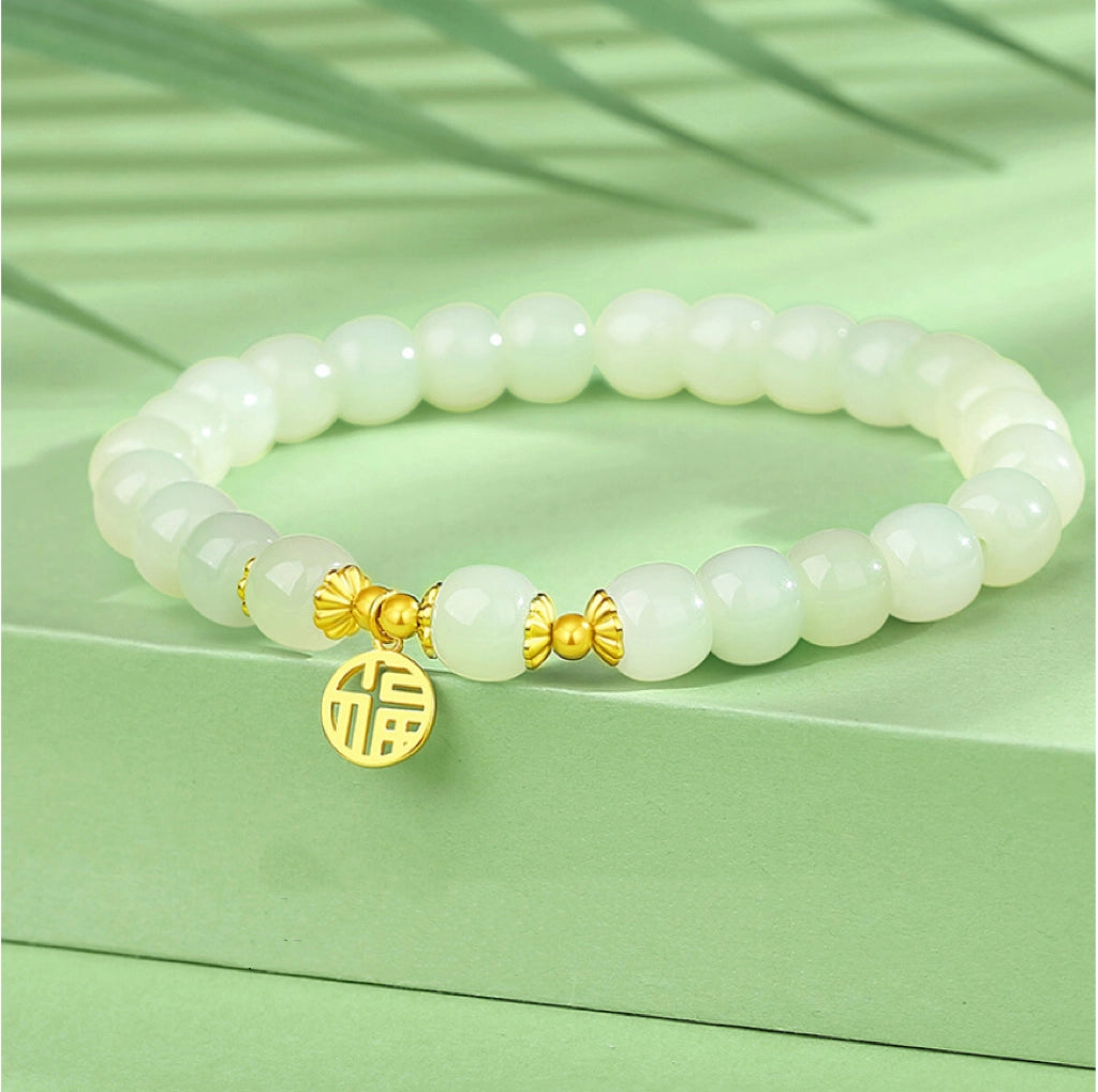 Oriental Treasure Character "Fu" (福) Armband Glück Naturliches Hetian - Jade 8mm Perlenarmband Segenswunsch 925 - Silberarmband verstellbar