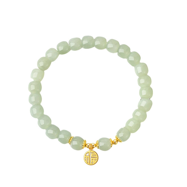Oriental Treasure Character "Fu" (福) Armband Glück Naturliches Hetian - Jade 8mm Perlenarmband Segenswunsch 925 - Silberarmband verstellbar