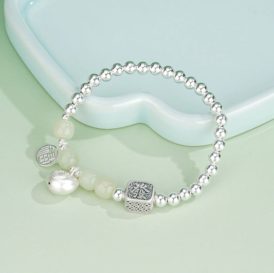 Bracelet de caractère oriental "Fu" (福) Trésor Naturel de Jade Hetian 8mm Perles Bracelet Richesse Bénédiction Bracelet Fukubukuro en Argent Sterling 925 Réglable