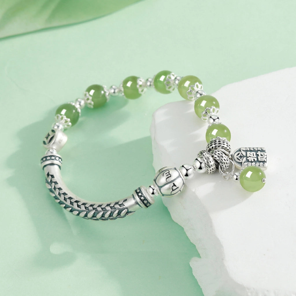 Bracelet du Trésor Oriental Tibétain Mantra à Six Syllabes Bracelet de Richesse Sac Naturel Jade de Hetian Bracelet Bénédiction du BOUDDHA Bracelet en Argent Sterling 999 Réglable