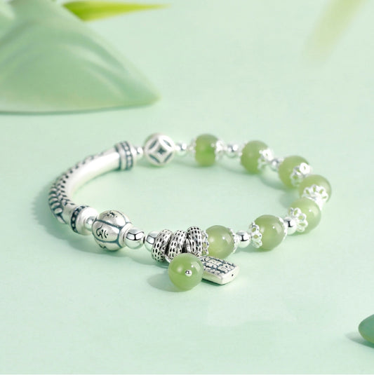 Bracelet du Trésor Oriental Tibétain Mantra à Six Syllabes Bracelet de Richesse Sac Naturel Jade de Hetian Bracelet Bénédiction du BOUDDHA Bracelet en Argent Sterling 999 Réglable