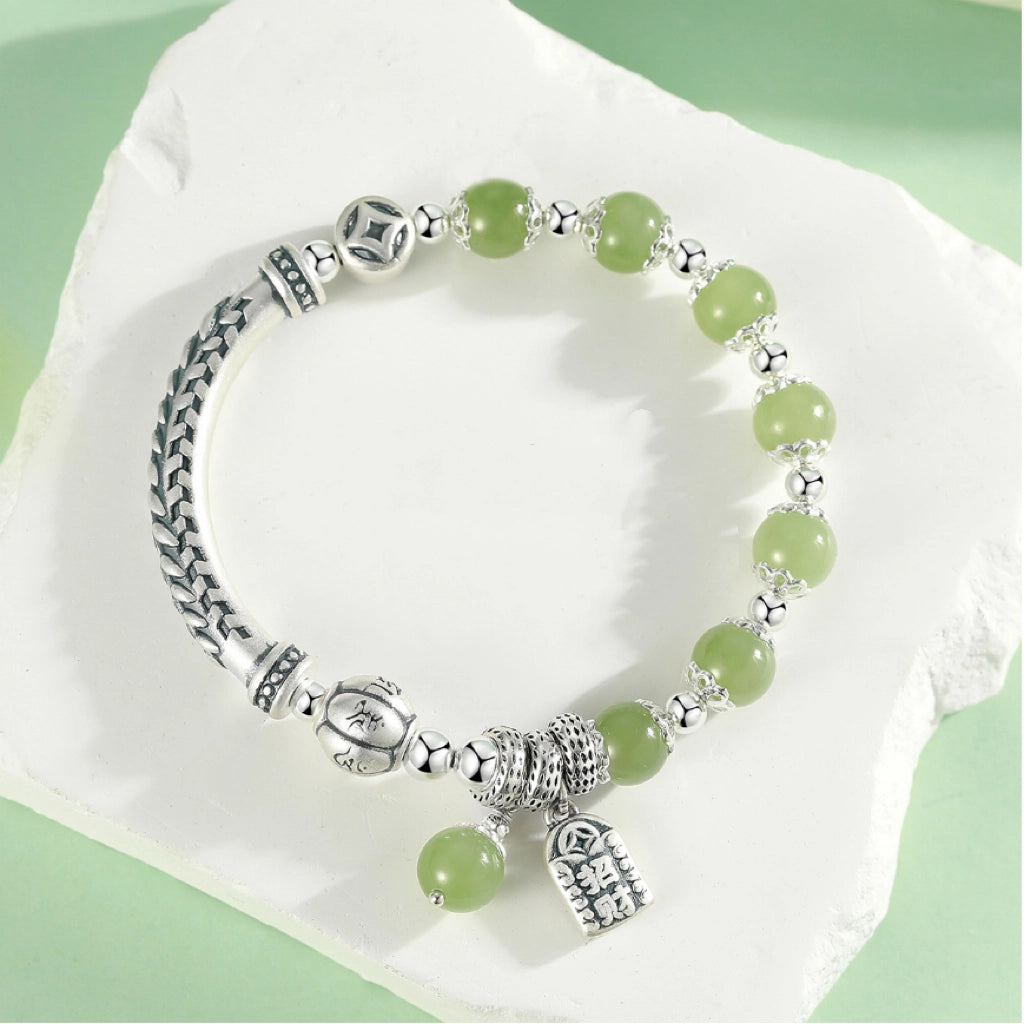Bracelet du Trésor Oriental Tibétain Mantra à Six Syllabes Bracelet de Richesse Sac Naturel Jade de Hetian Bracelet Bénédiction du BOUDDHA Bracelet en Argent Sterling 999 Réglable