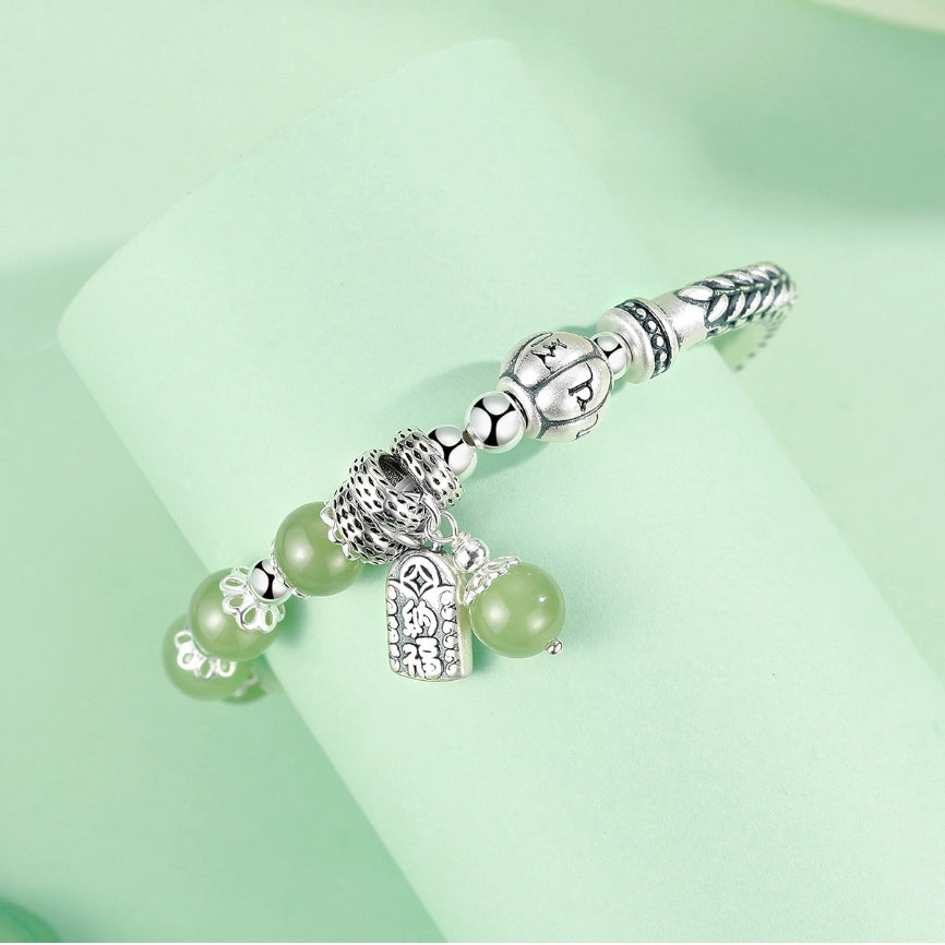 Bracelet du Trésor Oriental Tibétain Mantra à Six Syllabes Bracelet de Richesse Sac Naturel Jade de Hetian Bracelet Bénédiction du BOUDDHA Bracelet en Argent Sterling 999 Réglable