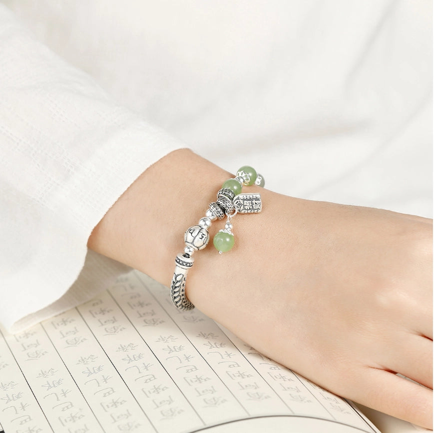 Bracelet du Trésor Oriental Tibétain Mantra à Six Syllabes Bracelet de Richesse Sac Naturel Jade de Hetian Bracelet Bénédiction du BOUDDHA Bracelet en Argent Sterling 999 Réglable