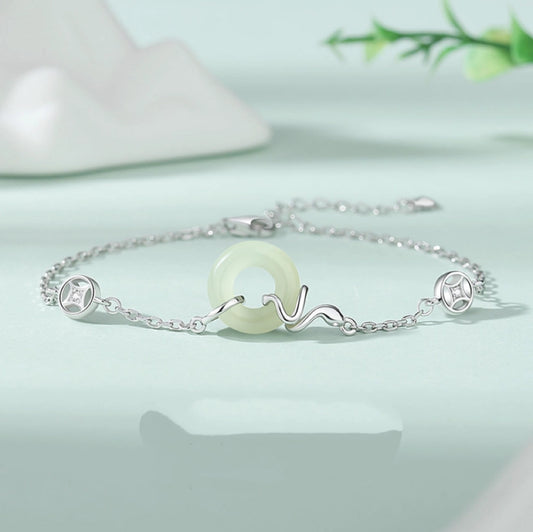 Bracelet de Serpent Trésor Oriental Bénédiction Bracelet du Zodiaque Chinois Bracelet Nœud de Paix Bracelet en Jade Naturel de Hetian Bracelet de Protection en Argent Sterling 925 Réglable