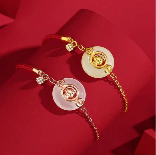 Bracelet de la Bête de Trésor Orientale dans le Bracelet de Nœud de Paix du Zodiaque Chinois Corde Rouge Bracelet de Jade Blanc Naturel Bracelet de Jade Vert Hetian Bracelet en Argent Sterling 925 Réglable