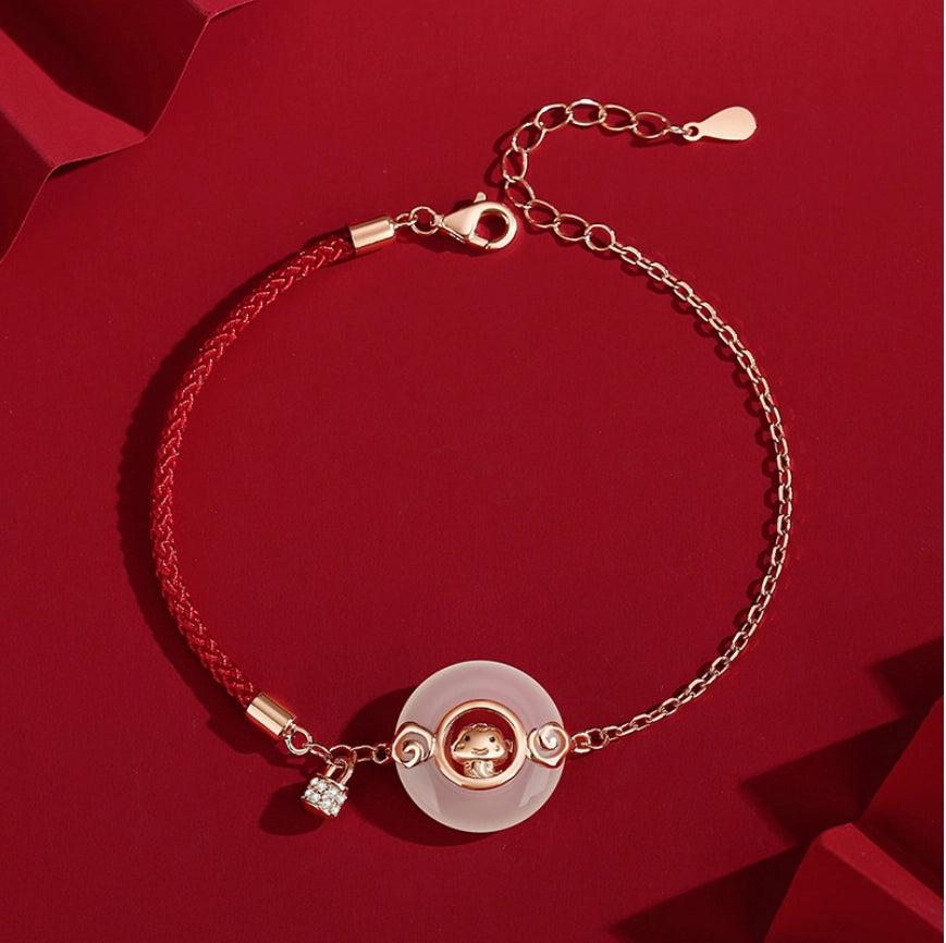 Bracelet de la Bête de Trésor Orientale dans le Bracelet de Nœud de Paix du Zodiaque Chinois Corde Rouge Bracelet de Jade Blanc Naturel Bracelet de Jade Vert Hetian Bracelet en Argent Sterling 925 Réglable
