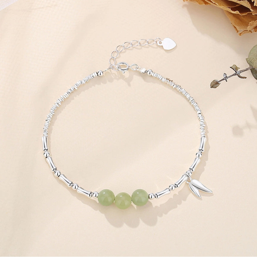 Oriental Treasure Bamboo Bracelet Nobility Natural Hetian Jade Bracelet Agate Bracelet Protection 925 Sterling Silver Bracelet Adjustable