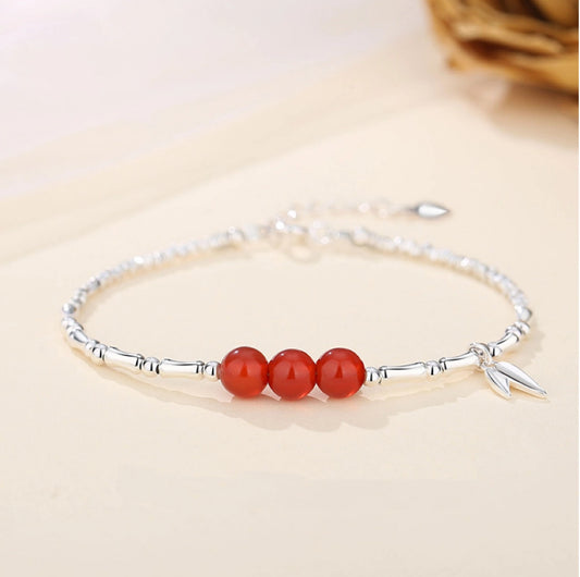 Bracelet de Bambou Trésor Oriental Noblesse Bracelet de Jade Naturel de Hetian Bracelet d'Agate Protection Bracelet en Argent Sterling 925 Réglable