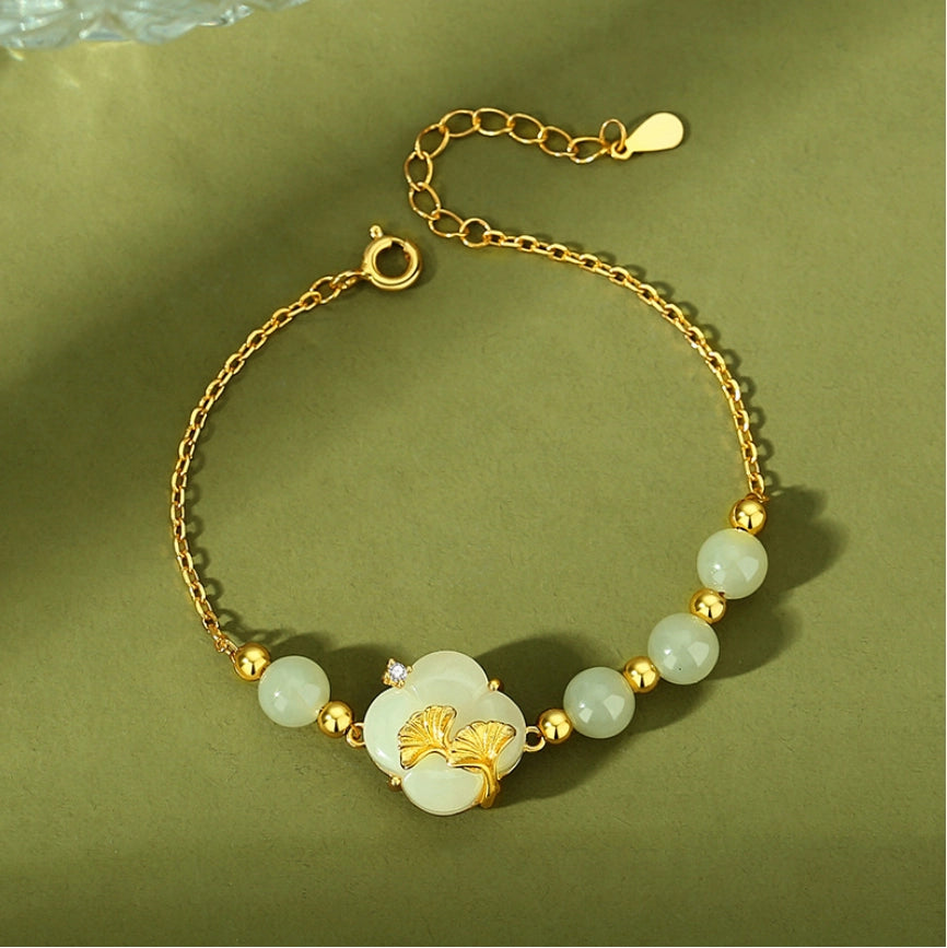 Bracelet de Jade Naturel Hetian en Forme de Trèfle à Quatre Feuilles Trésor Oriental Bracelet Ginkgo biloba Corde Réglable