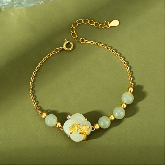 Bracelet de Jade Naturel Hetian en Forme de Trèfle à Quatre Feuilles Trésor Oriental Bracelet Ginkgo biloba Corde Réglable