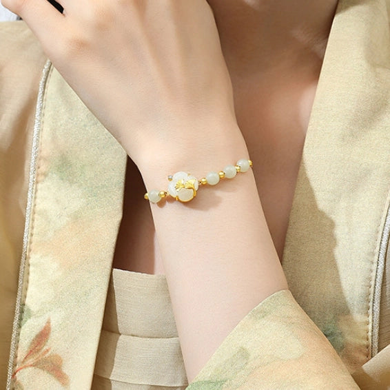 Bracelet de Jade Naturel Hetian en Forme de Trèfle à Quatre Feuilles Trésor Oriental Bracelet Ginkgo biloba Corde Réglable