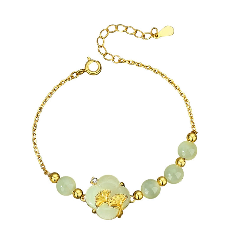 Bracelet de Jade Naturel Hetian en Forme de Trèfle à Quatre Feuilles Trésor Oriental Bracelet Ginkgo biloba Corde Réglable