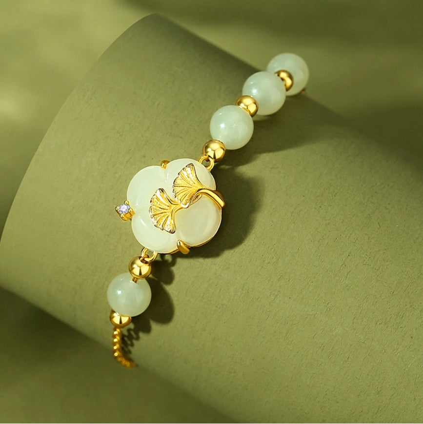 Bracelet de Jade Naturel Hetian en Forme de Trèfle à Quatre Feuilles Trésor Oriental Bracelet Ginkgo biloba Corde Réglable