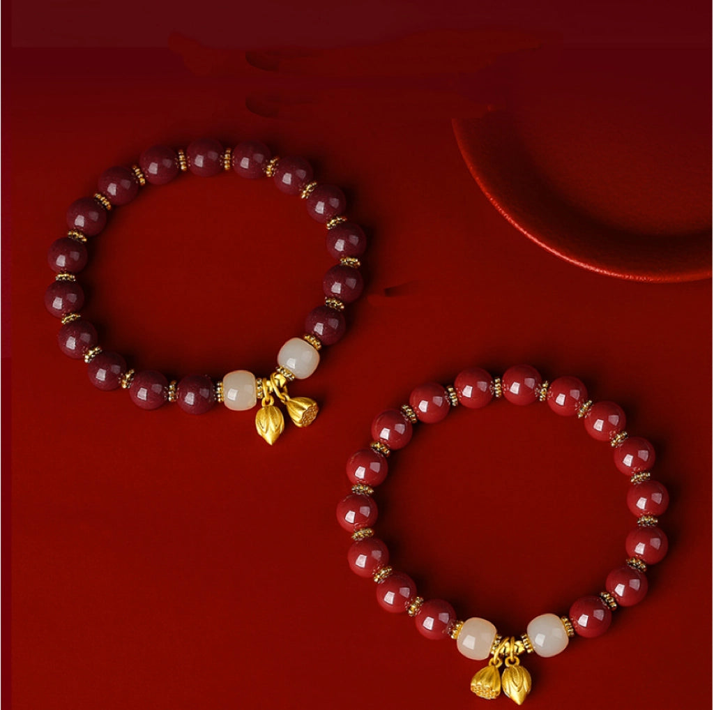 Oriental Treasure Cinnabar Bracelet Lotus Seedpod Natural Hetian Jade Bracelet Adjustable Rope