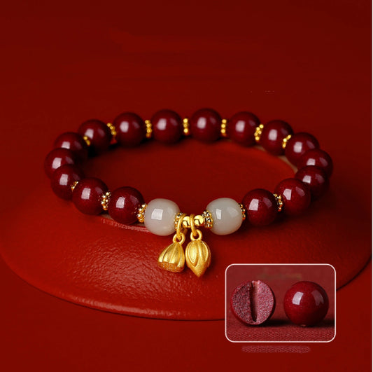 Bracelet de Trésor Oriental Cinabre Graine de Lotus Jadéite Naturelle de Hetian Bracelet Corde Réglable