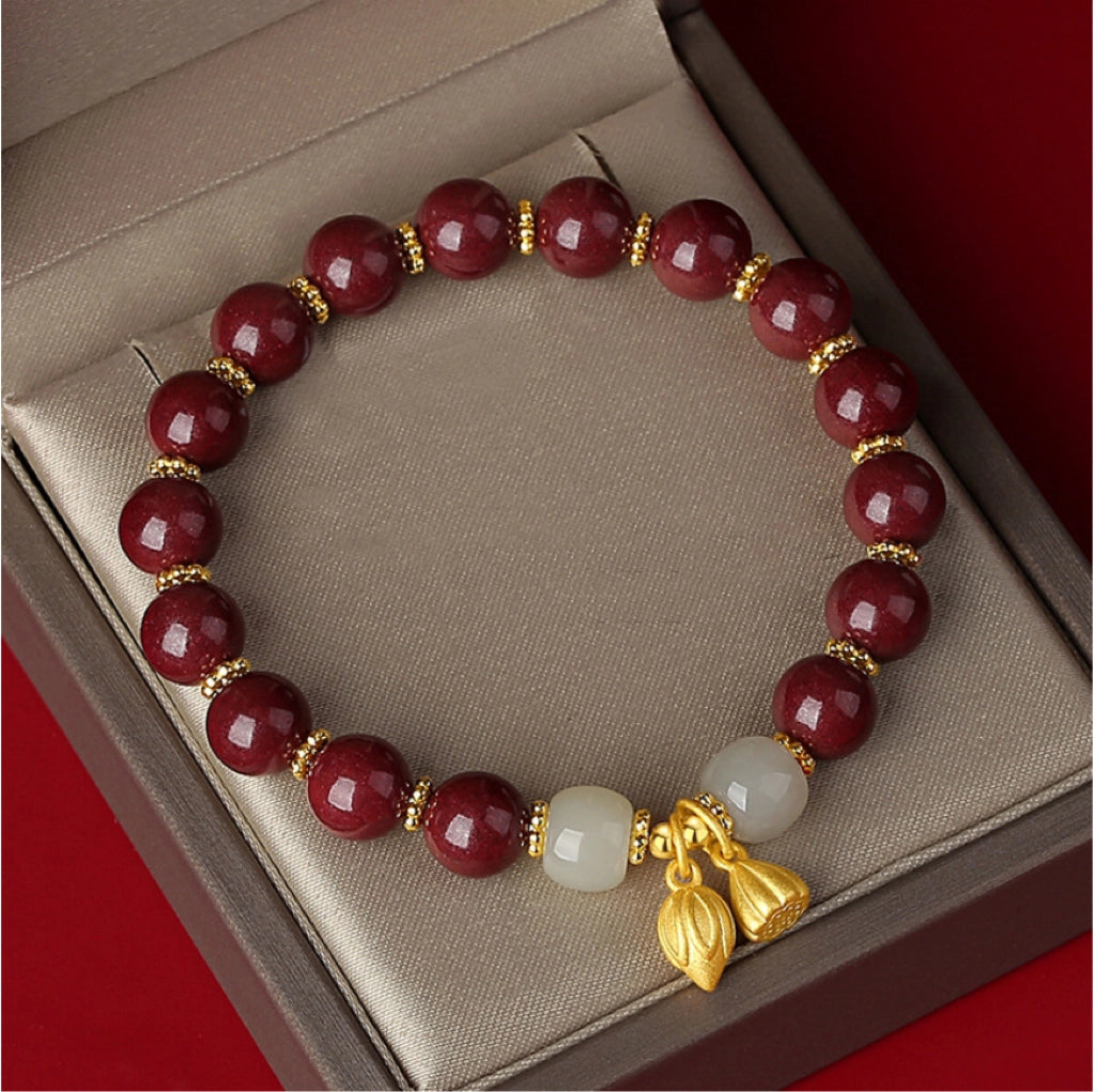 Oriental Treasure Cinnabar Bracelet Lotus Seedpod Natural Hetian Jade Bracelet Adjustable Rope