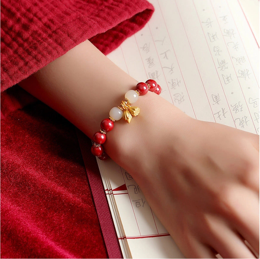 Oriental Treasure Cinnabar Bracelet Lotus Seedpod Natural Hetian Jade Bracelet Adjustable Rope