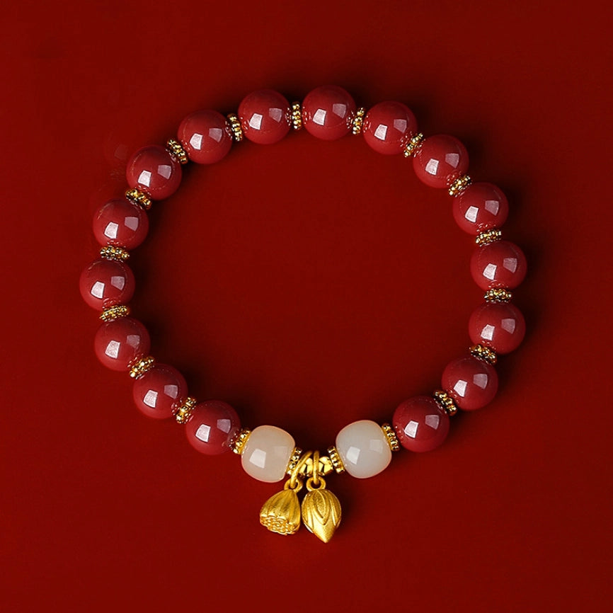Oriental Treasure Cinnabar Bracelet Lotus Seedpod Natural Hetian Jade Bracelet Adjustable Rope